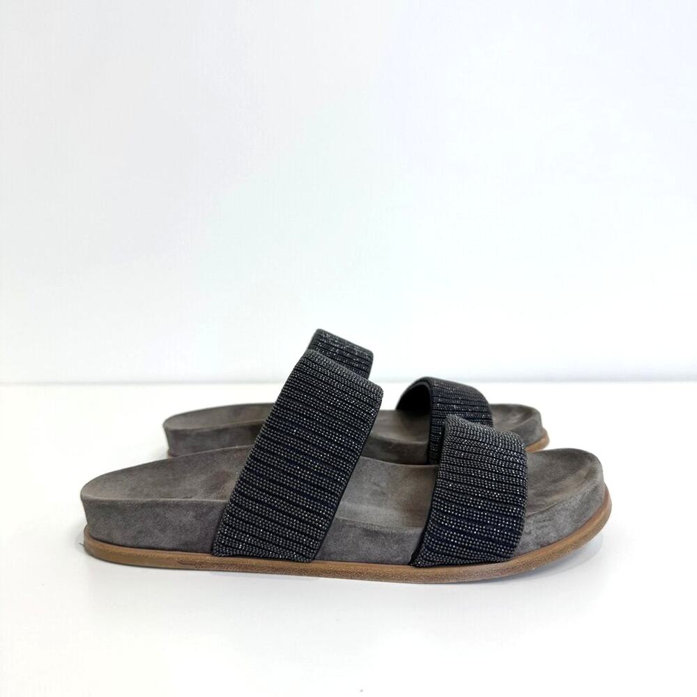 Brunello CucinellI Monili Gray Suede Leather Slide Sandals 38 Black Tan Leather
